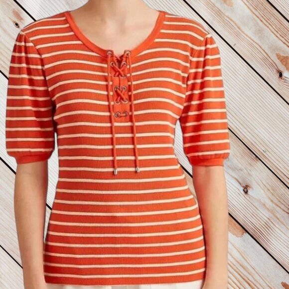 NEW-Ralph Lauren XL Womens Top Waffle-Knit Orange Striped Puff-Sleeve Shirt-$79 - Picture 4 of 11